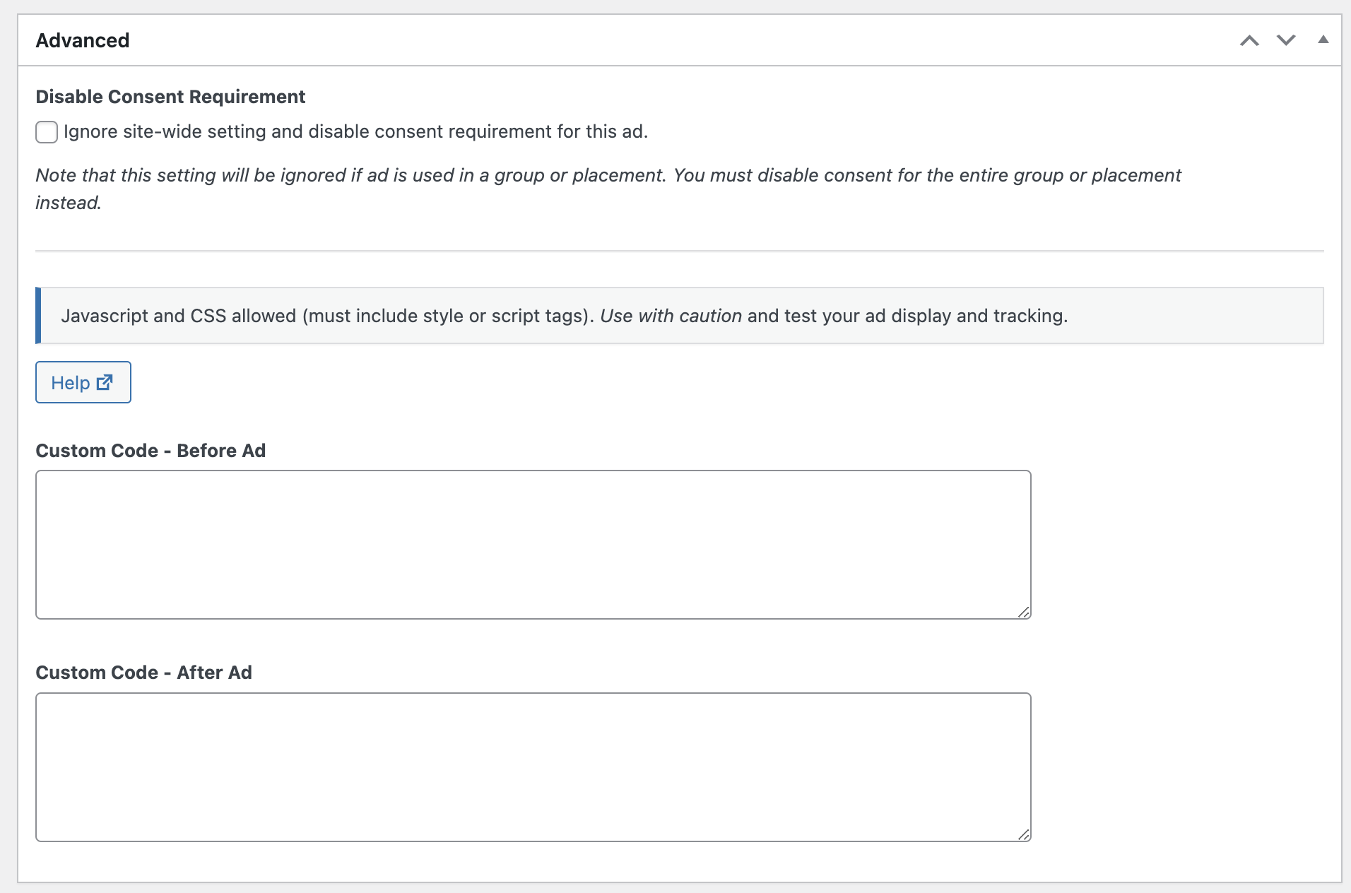 Advanced ad settings - ignore consent or add custom code