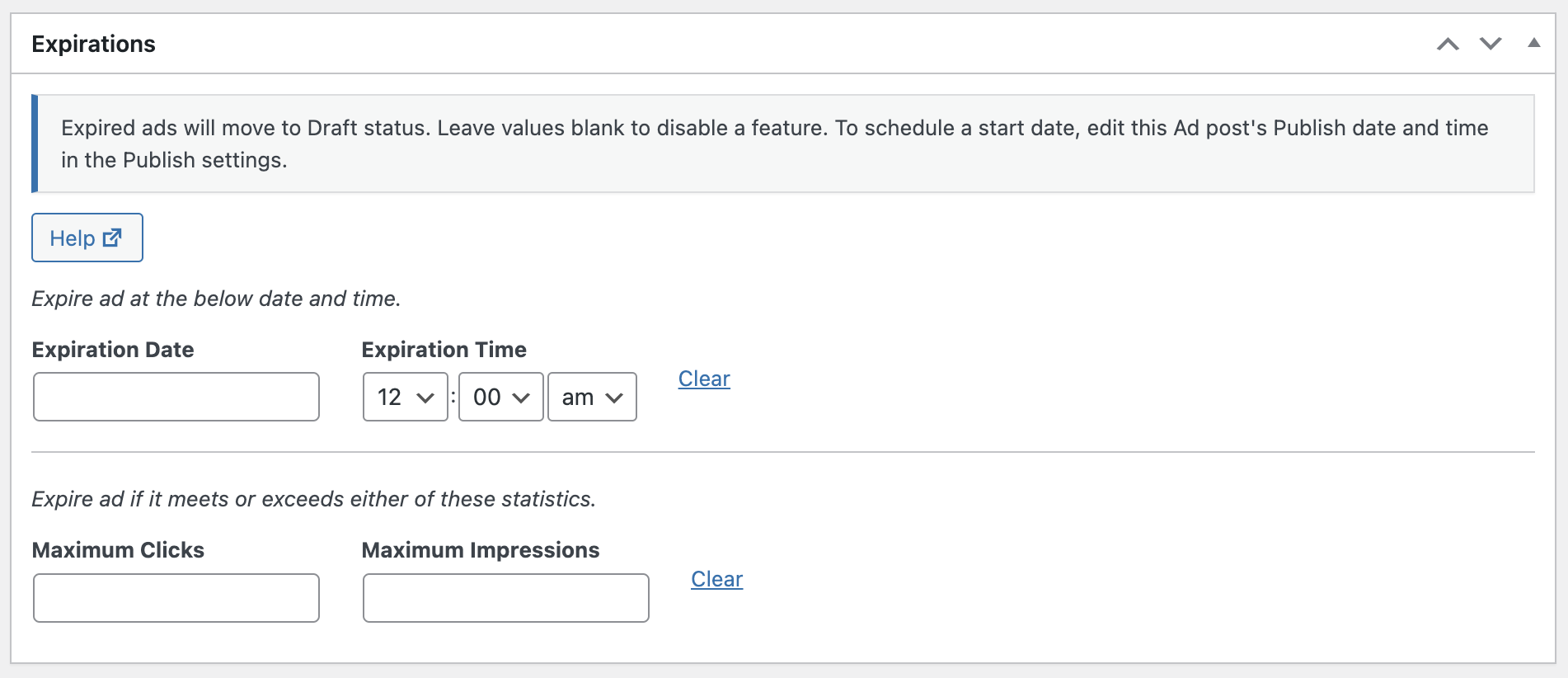 Expiration settings for ads