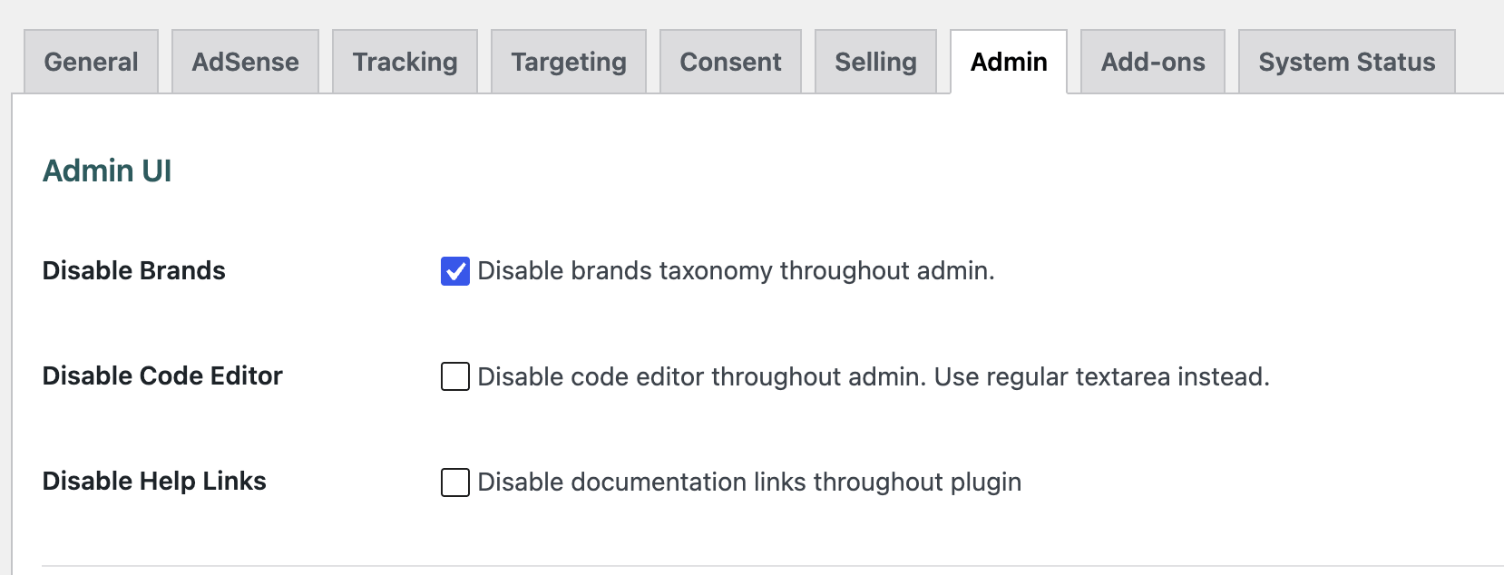 Admin UI settings