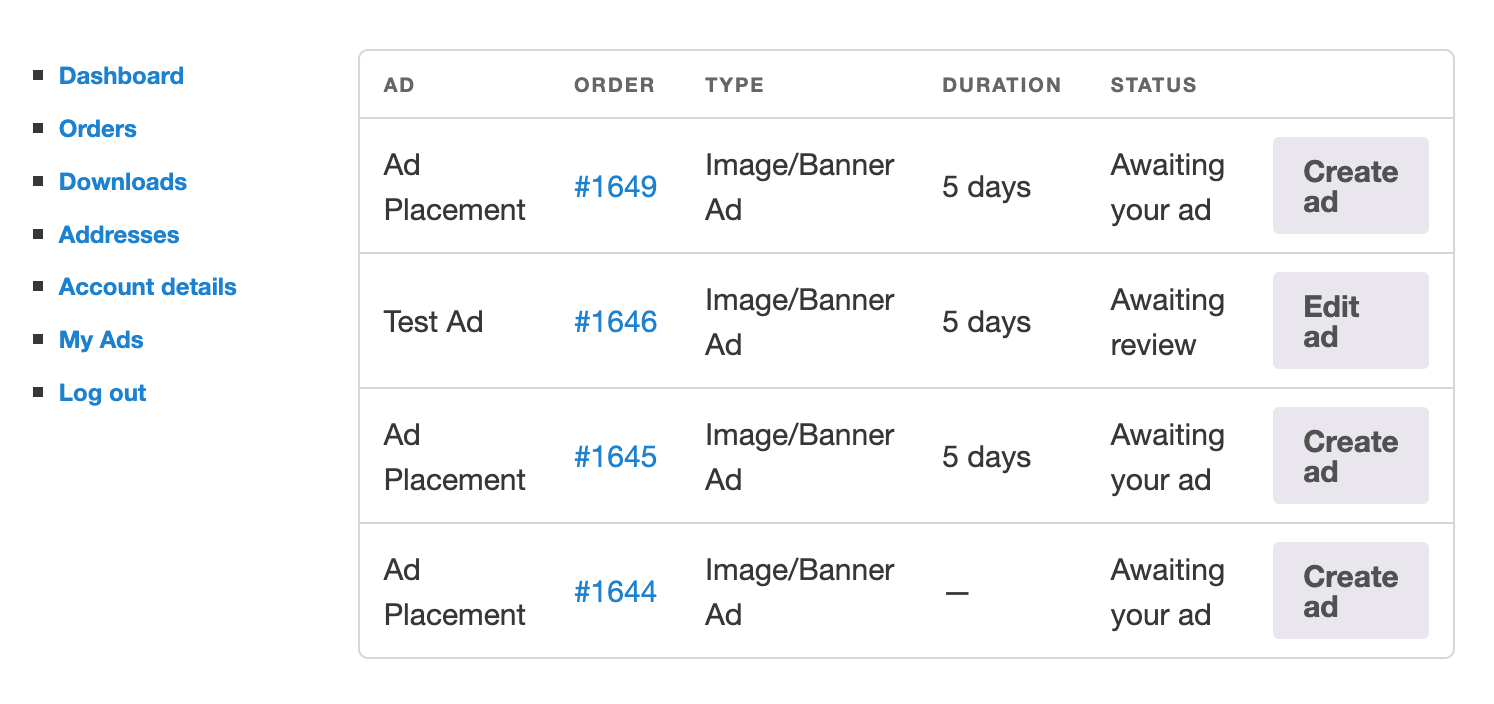 My Ads section