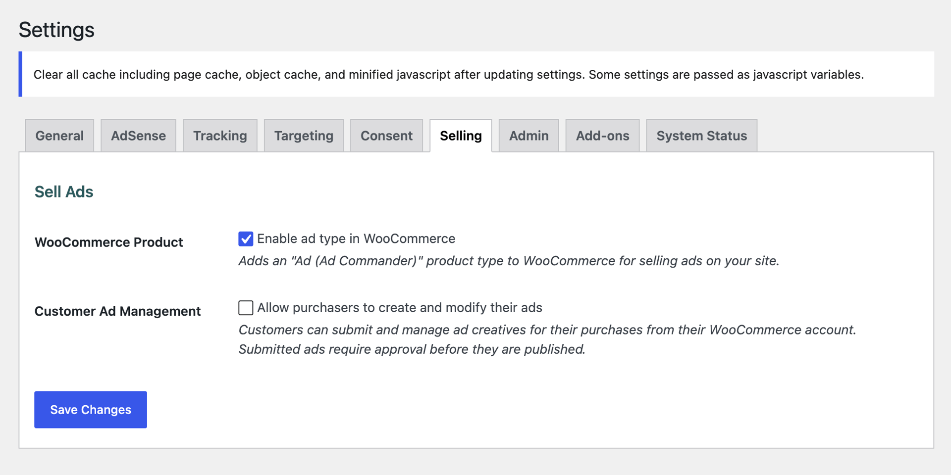 Ad Commander Selling settings